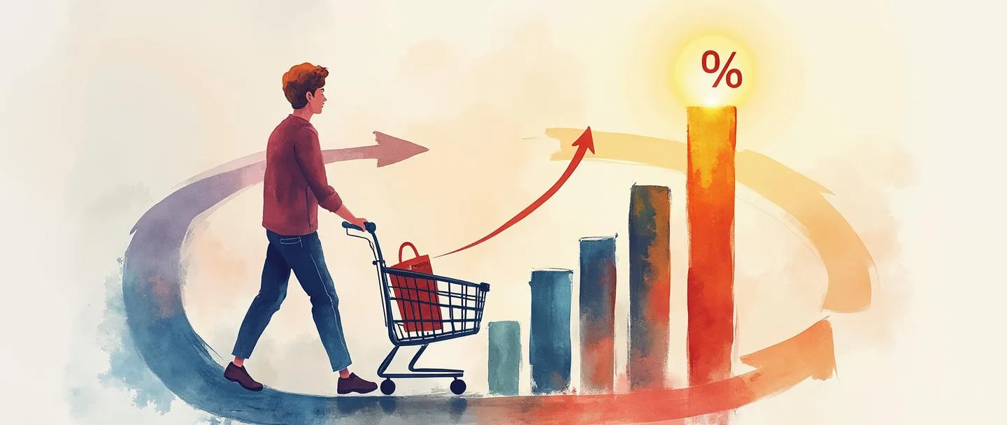 Uma pintura digital em aquarela de um cliente retornando a uma loja com um carrinho de compras, mostrado por setas curvas formando um círculo. Um gráfico de barras sobe ao lado deles, com um símbolo de porcentagem brilhando acima. Composição simples com cores quentes, enfatizando a fidelidade do cliente e métricas de negócios recorrentes.