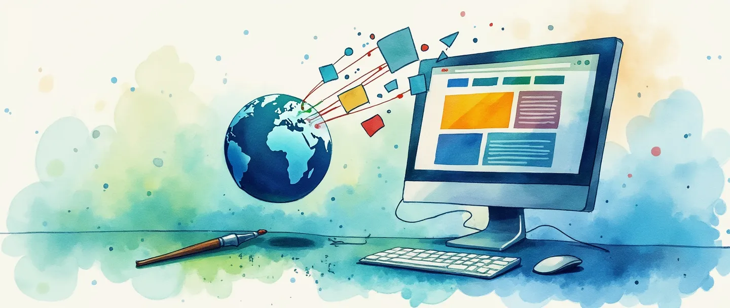 Uma pintura digital em aquarela de uma tela de computador exibindo blocos de conteúdo coloridos, com um pincel e um teclado ao lado. Um pequeno globo se conecta à tela com fluxos de dados. Composição simples com vibrantes tons de azul e verde, representando criação digital e conectividade global.