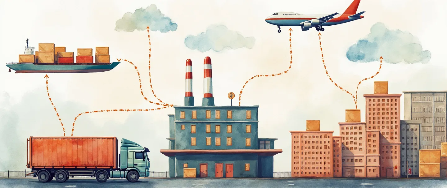 Uma pintura digital em aquarela de uma fábrica conectada a vários meios de transporte (caminhões, navios, aviões) entregando caixas para diferentes edifícios. Setas fluem da fábrica para múltiplos destinos, mostrando a rede de distribuição. Composição simples com cores vibrantes destacando a jornada dos produtos desde a criação até a entrega.