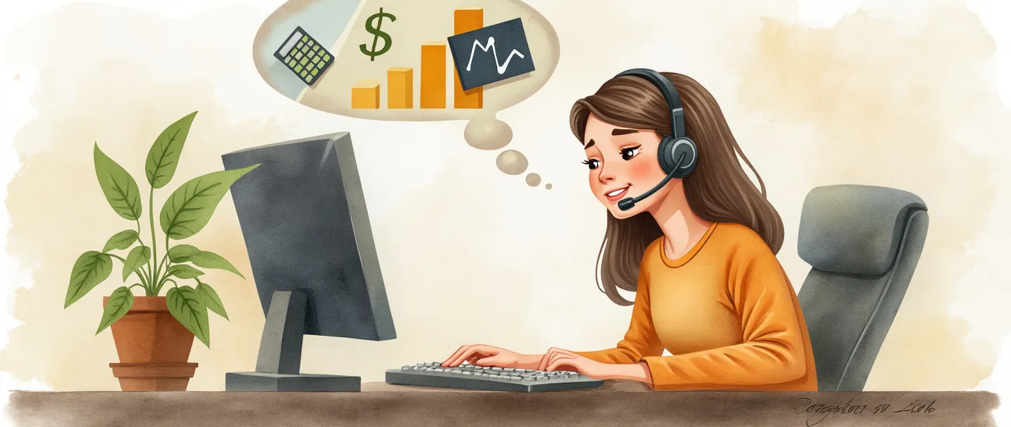 Uma pintura digital em aquarela de um profissional financeiro amigável em uma mesa de computador, usando um fone de ouvido, ajudando um cliente aliviado. Símbolos de dinheiro, uma calculadora e um pequeno gráfico flutuam acima em um balão de pensamento. Composição simples com cores quentes e reconfortantes.