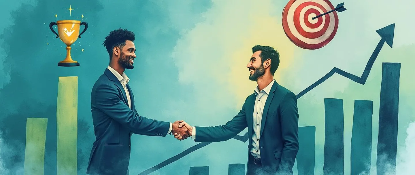 Uma pintura digital em aquarela de um cliente sorridente apertando as mãos de um profissional de negócios, cercado por gráficos de barras ascendentes e um troféu proeminente. Um alvo com uma flecha no centro flutua acima, conectado a uma chave brilhante. Composição simples com azuis e verdes vibrantes, representando métricas de sucesso do cliente.