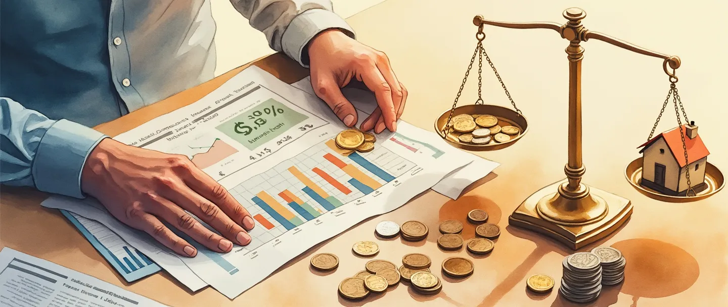 Uma pintura digital em aquarela de uma pessoa gerenciando um portfólio com ativos financeiros, organizando moedas, certificados de ações e escrituras de propriedade. Uma balança mostra equilíbrio entre risco e retorno. Composição simples com cores quentes, retratando o conceito de gestão de ativos.