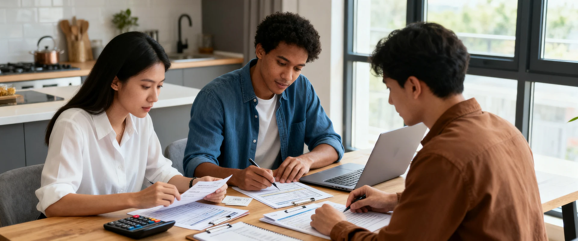 Educação financeira: conceito e dicas para aplicar no dia a dia Jovens profissionais diversos analisam contas e planilhas de orçamento em mesa de cozinha moderna com calculadora e laptop, em fotografia documental autêntica com luz natural e detalhes nítidos em alta resolução.