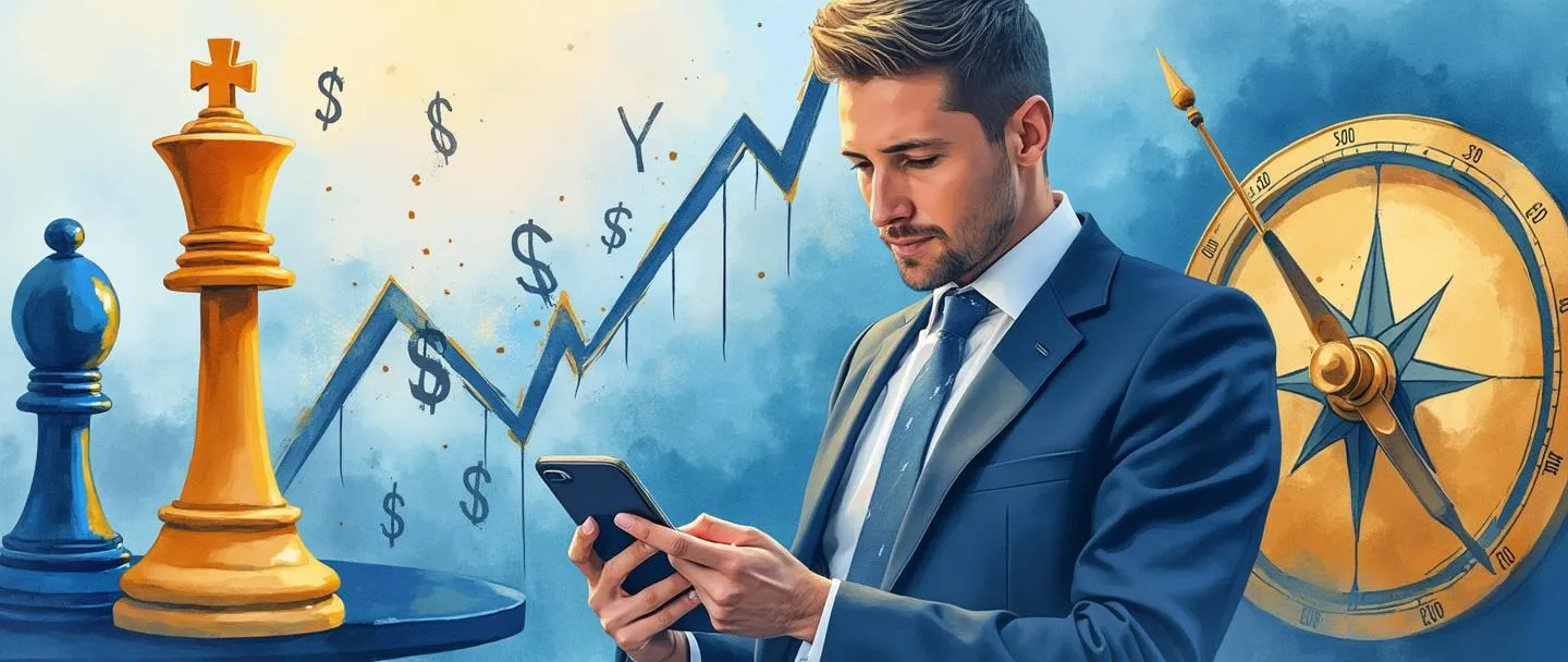 Uma pintura digital em aquarela de uma pessoa de negócios de terno estudando gráficos em um smartphone, com linhas de gráficos ascendentes e símbolos de dólar flutuando acima. Uma peça de xadrez (rei ou rainha) está posicionada de forma proeminente ao lado dela, enquanto uma bússola aponta para um alvo dourado no fundo. Composição simples com tons de azul e dourado transmitindo estratégia de mercado e percepção financeira.