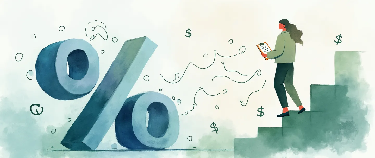 Uma pintura digital em aquarela de uma pessoa em traje de negócios em pé ao lado de um símbolo de porcentagem, segurando uma prancheta com uma lista de verificação. Um pequeno relógio e símbolos de dinheiro flutuam nas proximidades, conectados por linhas suaves e fluidas. Composição simples com tons suaves de azul e verde, transmitindo orientação profissional e monitoramento financeiro.