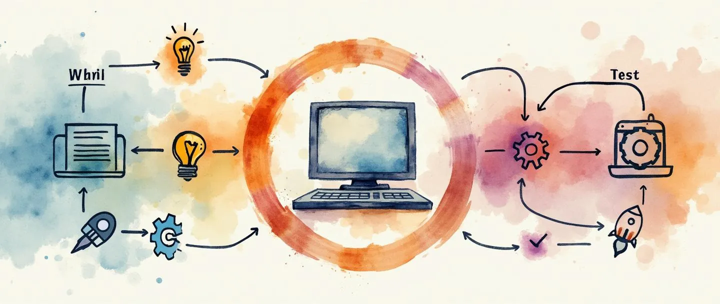 Uma pintura digital em aquarela mostrando um fluxograma circular com fases conectadas do ciclo de vida de um projeto web. Um computador no início se conecta ao planejamento (lâmpada), design (pincel), desenvolvimento (engrenagens), testes (lupa) e lançamento (foguete). Ícones simples representam cada fase com setas mostrando a progressão. Paleta de cores vibrante mas minimalista, composição limpa.