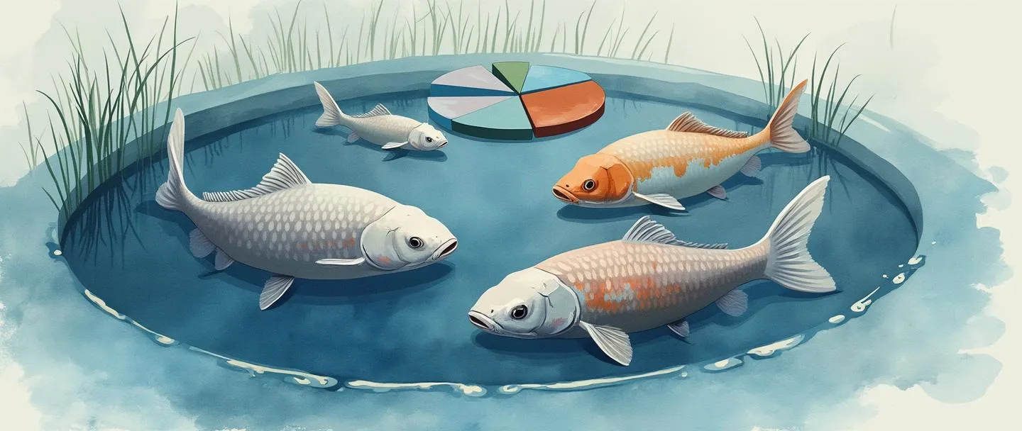 Uma pintura digital em aquarela de alguns peixes grandes nadando juntos em um pequeno lago, com um peixe significativamente maior que os outros. Próximo, um gráfico de pizza mostra uma distribuição desigual com uma fatia dominante. Composição simples, tons de azul frios, representando o conceito de concentração de mercado.