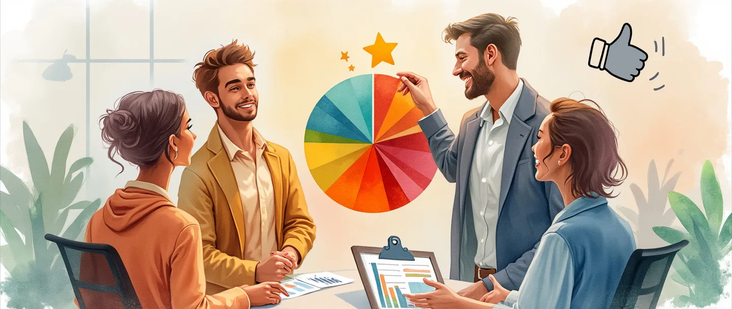 Uma pintura digital em aquarela de funcionários sorridentes ao redor de um gráfico de pizza colorido, com uma pessoa colocando uma estrela no segmento mais alto. Uma prancheta com um ícone de polegar para cima flutua por perto. Composição simples, cores quentes, tema de satisfação no ambiente de trabalho.