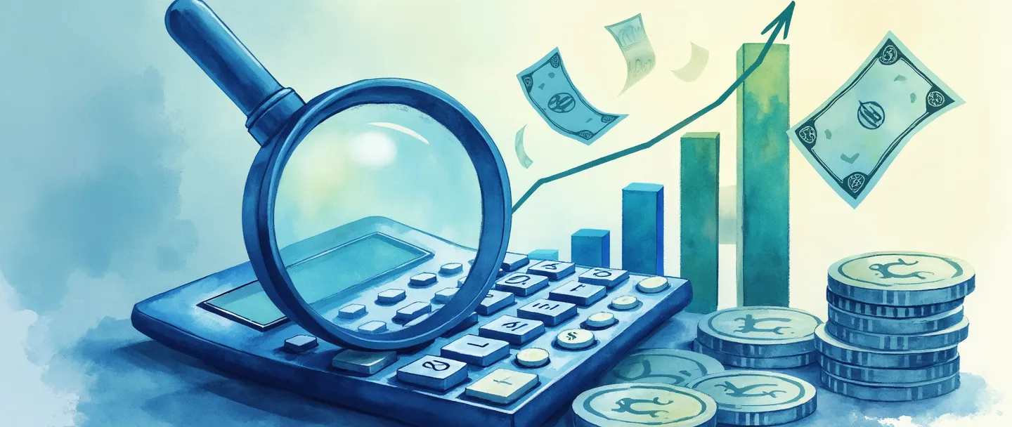 Uma pintura digital em aquarela de uma calculadora cercada por notas de dólar e moedas flutuantes, com um gráfico de barras descendente ao fundo. Uma lupa paira sobre o gráfico, revelando custos ocultos. Composição simples com tons de azul e verde, transmitindo precisão analítica e percepção financeira.