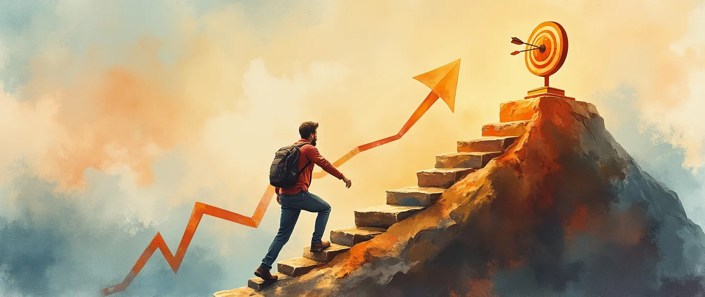 Uma pintura digital em aquarela de uma bússola guiando uma pessoa escalando uma montanha com pedras estratégicas para pisar. No topo está um troféu e um alvo com uma flecha acertando o centro. Um gráfico simplificado com tendência ascendente flui ao lado do caminho da montanha. Cores quentes, composição clara, visão de liderança.