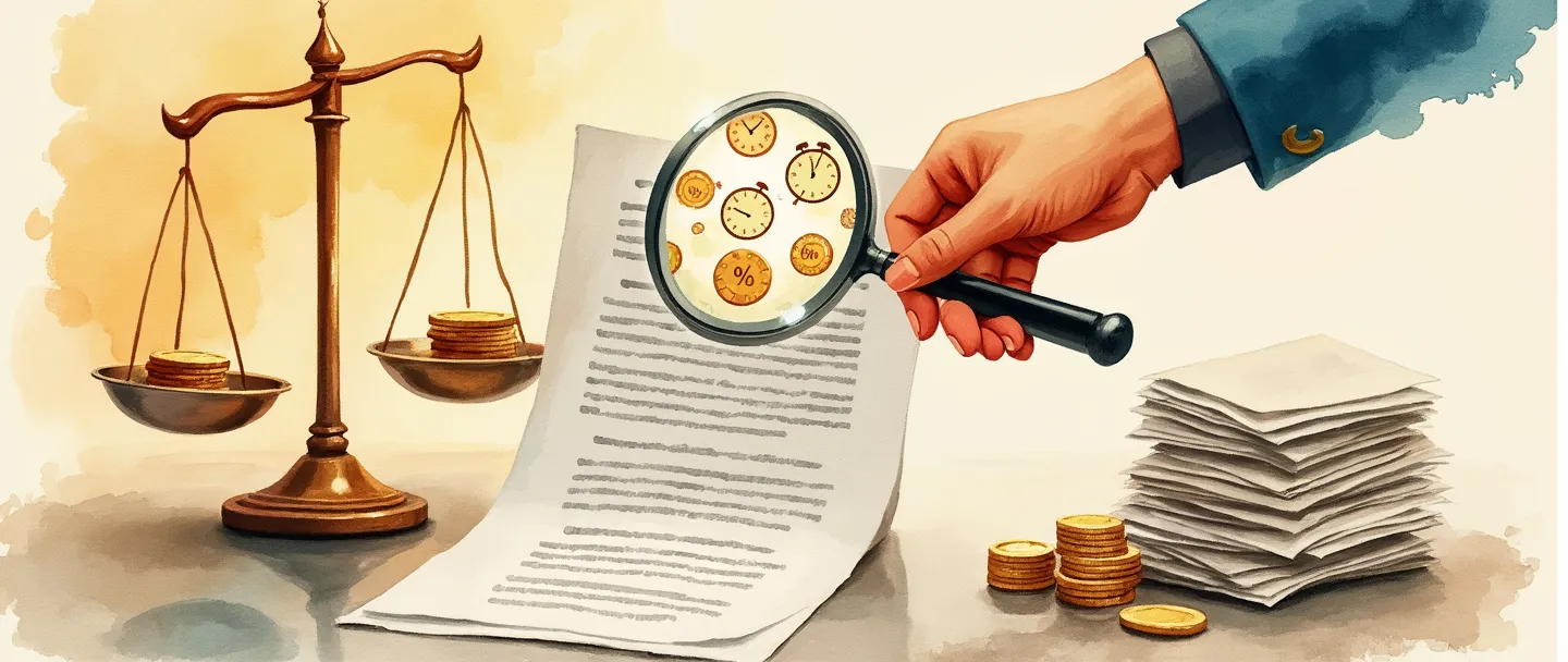Uma pintura digital em aquarela de uma pessoa examinando um contrato com uma lupa, revelando símbolos de porcentagem e pequenos relógios escondidos no texto. Próximo, uma balança equilibra moedas de um lado e uma pilha mais leve de papéis do outro. Composição simples com cores quentes, representando interesse em negociação de dívidas.