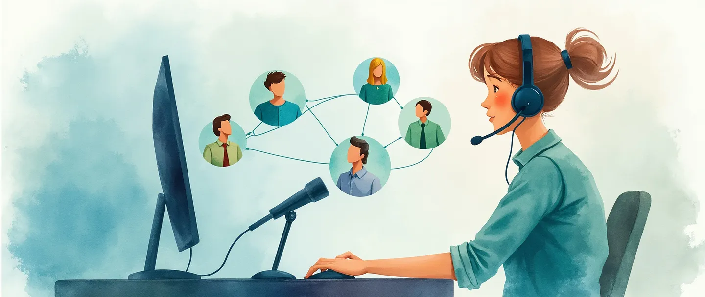 Uma pintura digital em aquarela de uma pessoa usando um headset, sentada em uma mesa com um computador, falando ao microfone. Um telefone se conecta a várias pequenas figuras representando clientes. Composição simples com tons suaves de azul e verde, transmitindo atendimento ao cliente e comunicação.