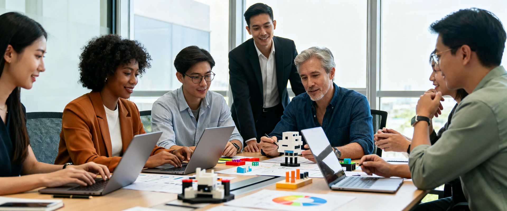 Fotografia editorial ultra-realista de equipe diversa colaborando em mesa de conferência moderna com laptops e materiais de brainstorming, luz natural, foco nítido, alta resolução, momento autêntico capturado em Canon EOS R5.