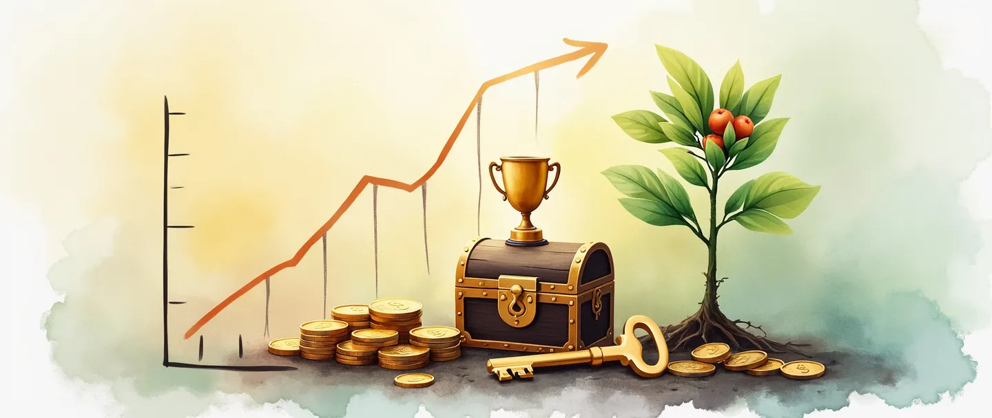 Uma pintura digital em aquarela de uma planta do dinheiro crescendo com moedas como frutos, ao lado de um gráfico simples com tendência ascendente. Um pequeno troféu está no pico do gráfico enquanto uma chave dourada destranca um baú do tesouro próximo. Cores quentes, composição limpa, conceito de rentabilidade.