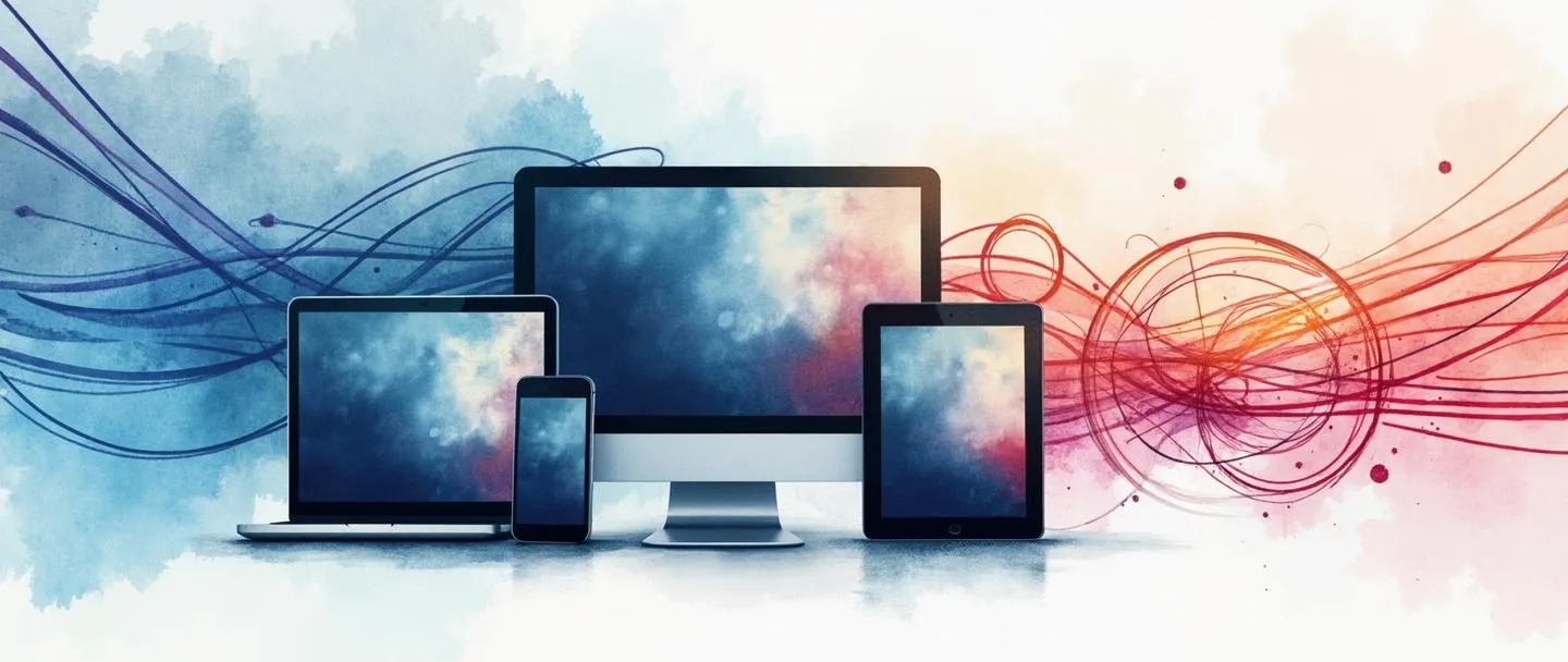 Uma pintura digital em aquarela de um design de site responsivo mostrado em três dispositivos: computador, tablet e smartphone organizados em cascata. O site se adapta perfeitamente em todas as telas, conectadas por linhas fluidas e coloridas. Composição simples e elegante com uma bússola ao fundo simbolizando direção estratégica. Estilo vibrante, porém minimalista.