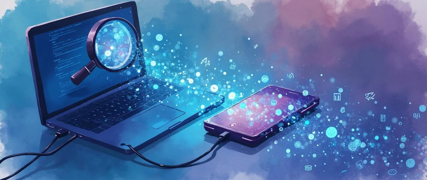 Uma pintura digital em aquarela de um computador conectado a um smartphone por uma trilha brilhante de pegadas digitais. Uma lupa paira sobre a trilha, revelando pequenos cookies e pacotes de dados. Composição simples com vibrantes tons de azul e roxo, representando tecnologia de rastreamento na web.