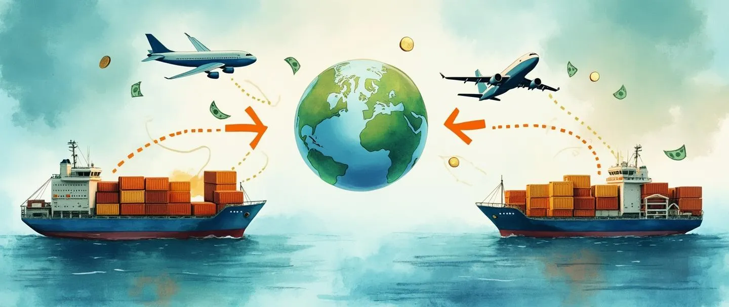 Uma pintura digital em aquarela de navios e aviões trocando caixas de carga entre si, com setas fluindo em ambas as direções. Dinheiro e moedas flutuam ao longo desses caminhos. Um globo simples está no fundo com rotas comerciais destacadas. Azuis e verdes vibrantes, composição limpa, representando o fluxo comercial e a troca de mercadorias.