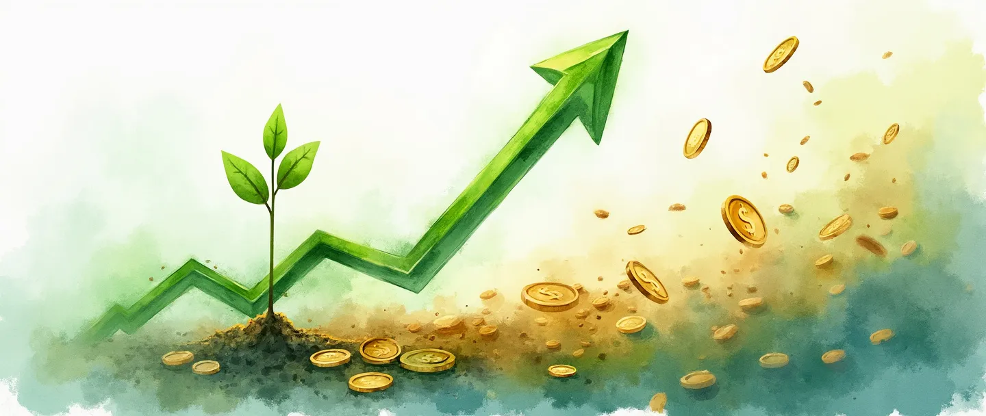 Uma pintura digital em aquarela de um gráfico de linha com tendência ascendente com uma seta verde, cercado por moedas flutuantes e pequenos cifrões. Uma muda cresce ao lado do gráfico, transformando-se em uma planta florescente no pico. Composição simples com verdes e dourados vibrantes contra um fundo branco suave.