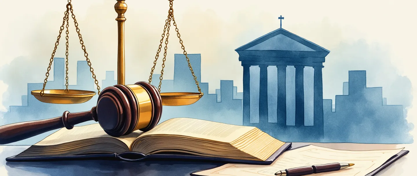 Uma pintura digital em aquarela de um martelo de juiz repousando sobre um livro de direito aberto, com a balança da justiça equilibrada próxima. A silhueta estilizada de um edifício de escritórios forma o fundo, com um contrato e uma assinatura visíveis sobre a mesa. Tons elegantes de azul e dourado, atmosfera profissional, composição simples.