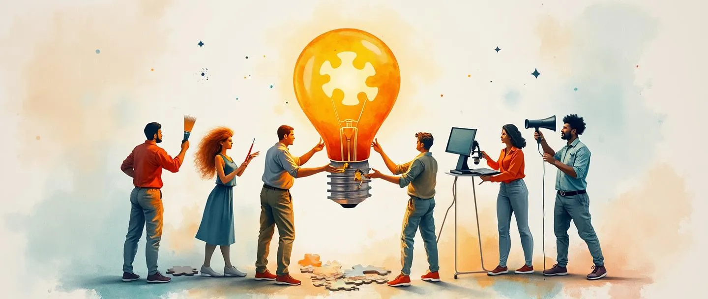 Uma pintura digital em aquarela de profissionais diversos em pé em círculo, cada um segurando ferramentas diferentes - um com um pincel, outro com engrenagens, um com um computador e outro com um microscópio. Eles estão conectando peças de quebra-cabeça no centro que formam uma lâmpada brilhante. Composição simples com cores vibrantes mostrando trabalho em equipe e expertise diversificada.