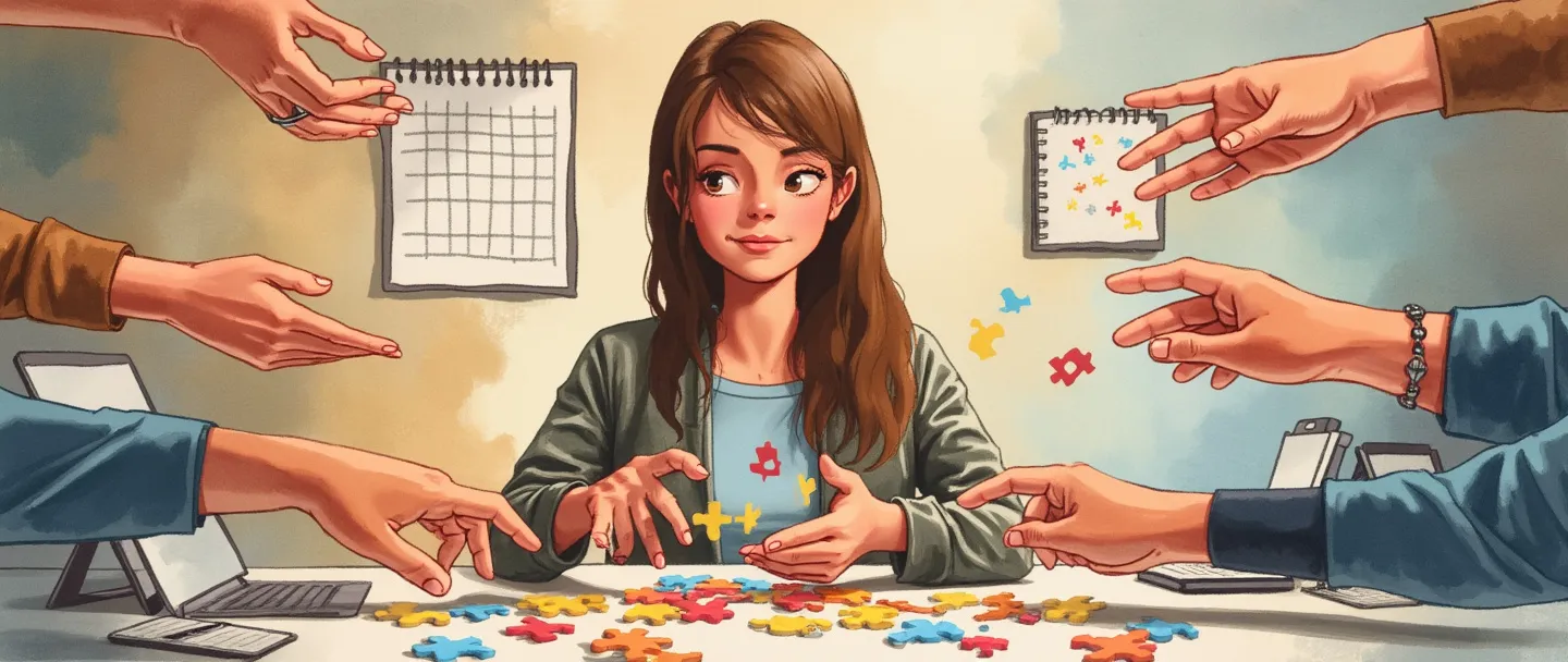 Uma pintura digital em aquarela de uma pessoa em uma mesa distribuindo peças coloridas de quebra-cabeça para várias mãos que se estendem de diferentes direções. Uma lista de tarefas simples e um calendário estão pendurados nas proximidades. A figura central tem uma expressão pensativa enquanto organiza as peças. Cores quentes, composição limpa, tema de gerenciamento de tarefas.
