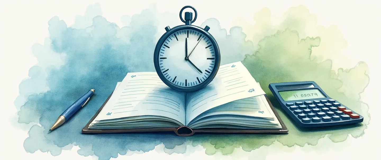 Uma pintura digital em aquarela de um livro contábil aberto com páginas de calendário virando, um relógio sobreposto à página final. Um sinal de verificação sela o livro fechado enquanto uma calculadora está próxima. Composição simples com tons de azul e verde, transmitindo conclusão financeira e organização.