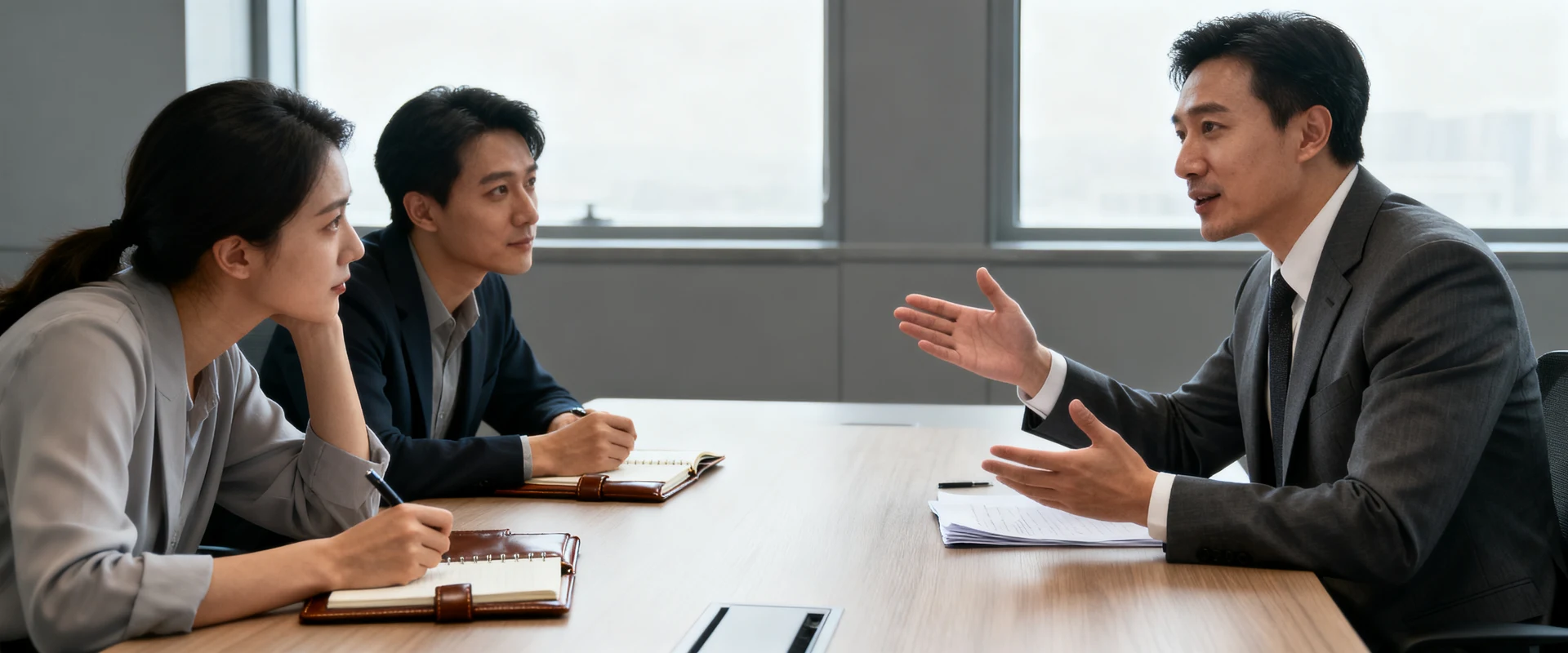 Fotografia editorial ultra-realista de profissional de negócios apresentando para clientes em sala de reunião moderna, capturada com Canon EOS R5, luz natural, gestos autênticos e momento genuíno de interação corporativa.