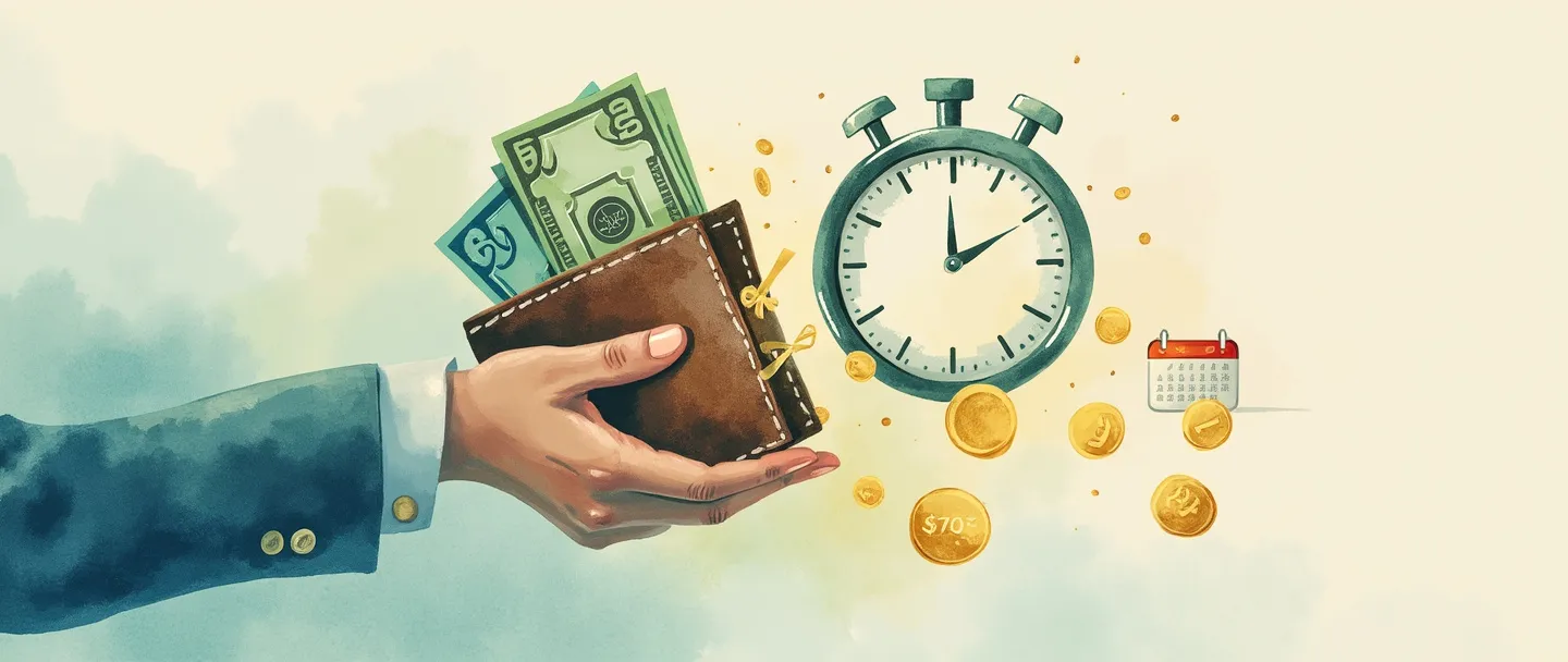 Uma pintura digital em aquarela de uma mão segurando uma carteira com moedas e notas de dinheiro fluindo para fora, formando um mostrador de relógio. Um pequeno símbolo de porcentagem paira acima, projetando uma sombra sutil sobre um contrato simples com uma página de calendário virando no fundo. Tons suaves de azul e verde com acentos dourados, transmitindo o conceito de juros sobre adiantamentos.