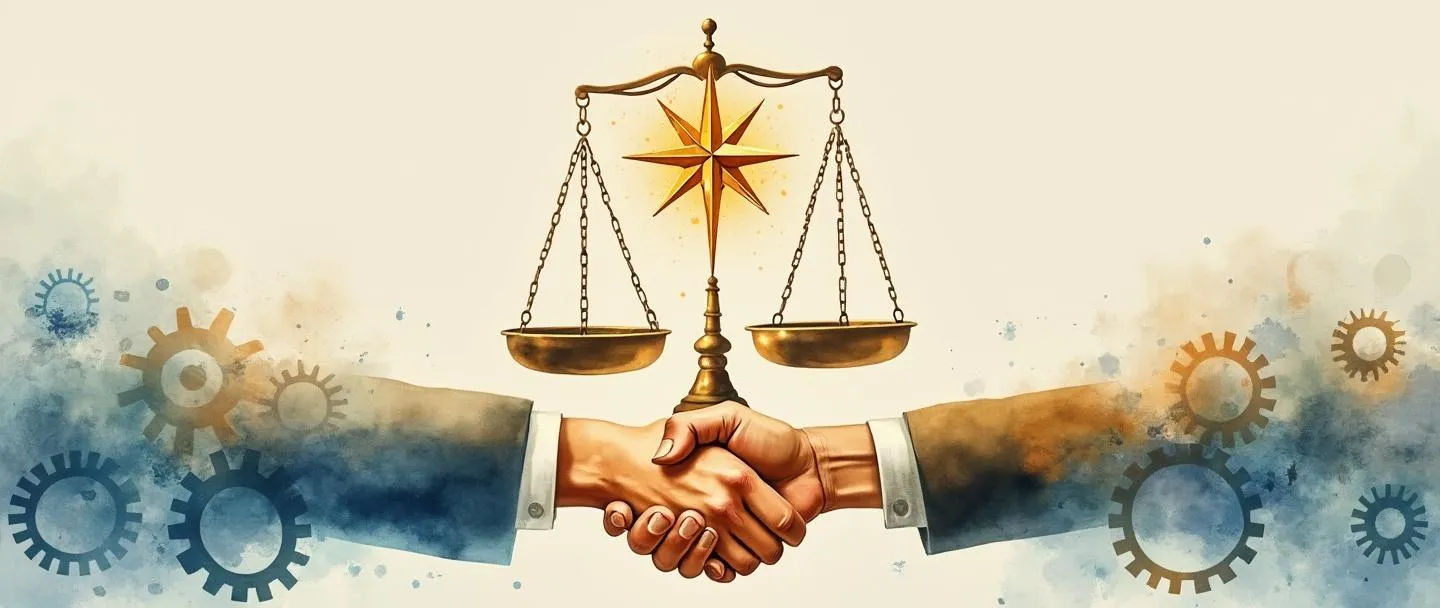 Uma pintura digital em aquarela de uma balança da justiça equilibrada com uma rosa dos ventos ética brilhante no centro. Engrenagens em tons suaves de azul e dourado conectam a balança a um aperto de mãos abaixo. Composição simples com elementos mínimos, enfatizando harmonia e colaboração. Cores quentes e confiáveis com pinceladas suaves.