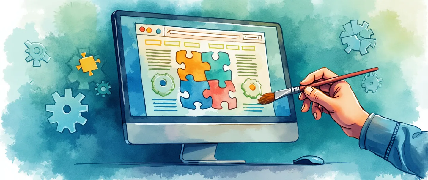 Uma pintura digital em aquarela de uma tela de computador exibindo uma interface simplificada de gerenciamento de conteúdo com peças de quebra-cabeça conectando-se a um layout de site. Uma mão segurando um pincel personaliza a página da web enquanto engrenagens trabalham em segundo plano. Composição simples com azuis e verdes vibrantes, representando organização web e criatividade.