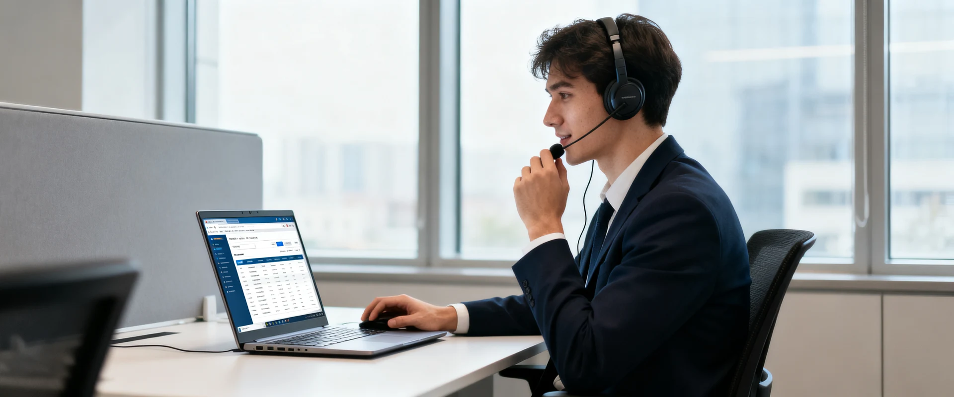 SDR: entenda quem é esse profissional e qual seu papel no processo de vendas Representante de vendas jovem usando headset fazendo chamadas de prospecção em escritório moderno, com laptop e software CRM visível na tela. Fotografia editorial ultra-realista com luz natural e detalhes nítidos.