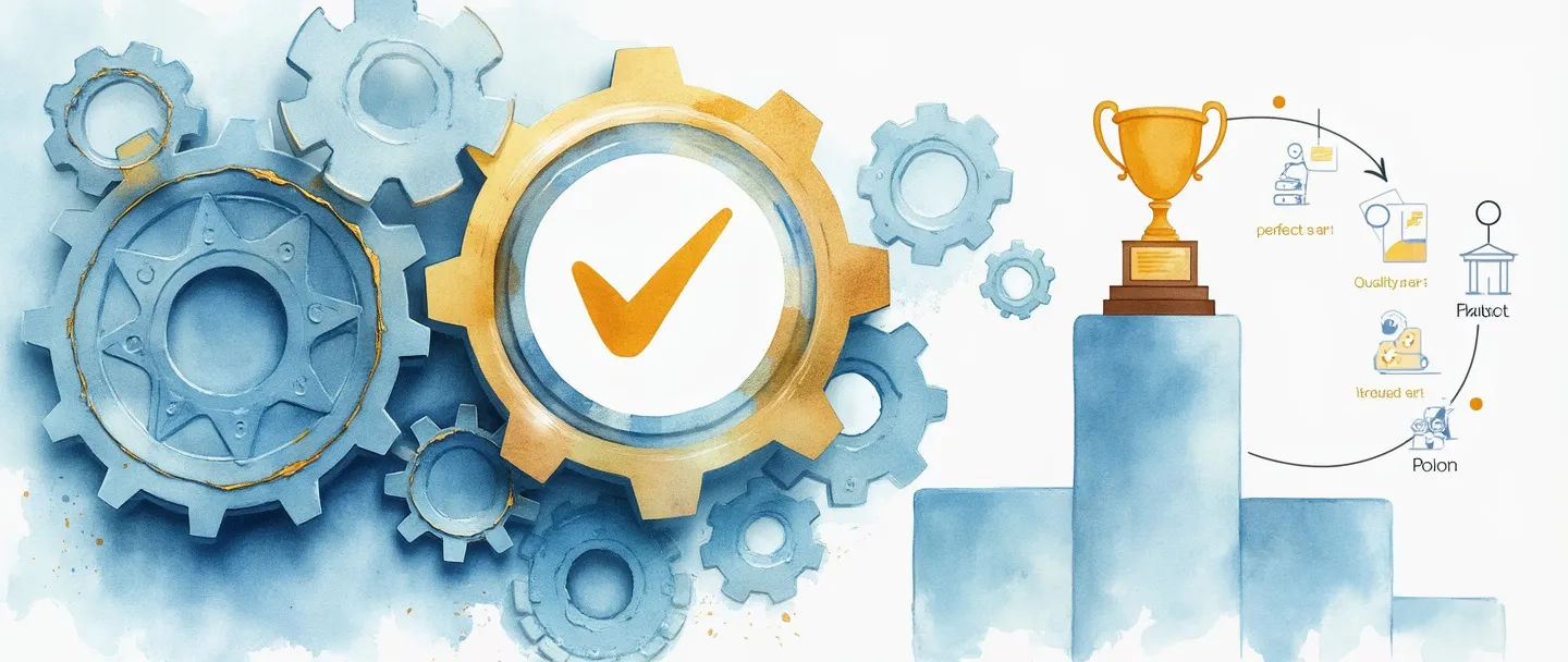 Uma pintura digital em aquarela de engrenagens interconectadas em tons de azul e dourado, com um símbolo de marca de verificação no centro. Uma lupa examina uma engrenagem perfeita, enquanto um troféu está próximo. Um fluxograma simples conecta etapas de qualidade que levam a um pódio. Composição limpa e organizada com elementos mínimos transmitindo excelência sistemática.