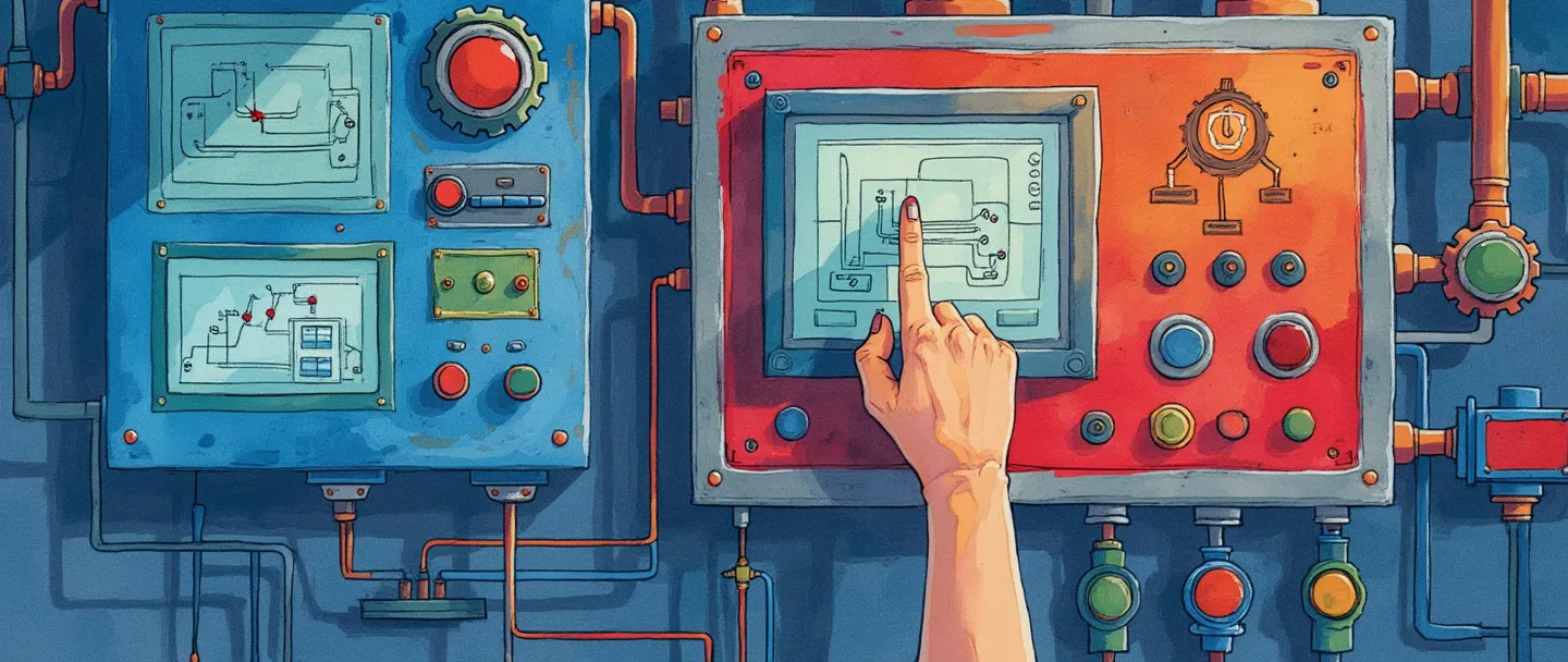Uma pintura digital em aquarela de um painel de controle com engrenagens e interruptores coloridos conectados a uma fábrica. Uma mão ajusta um botão giratório enquanto monitora telas que exibem fluxogramas de processos. Composição simples com azuis e vermelhos vibrantes, transmitindo precisão técnica e automação.