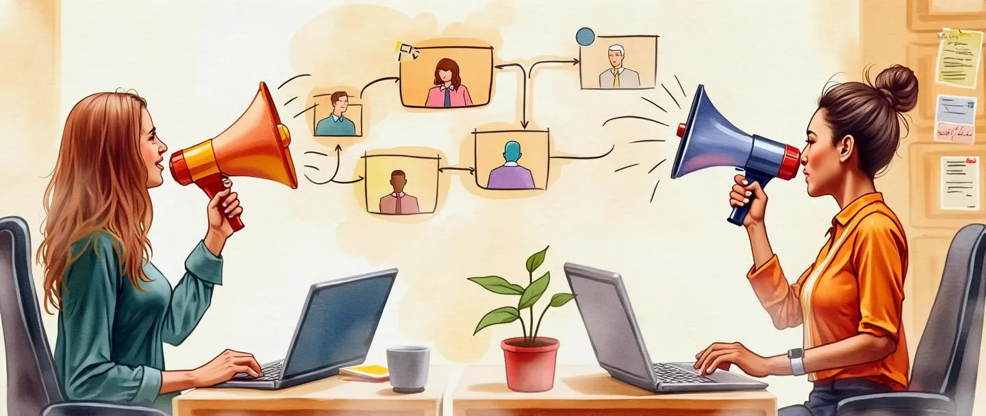 Uma pintura digital em aquarela de dois trabalhadores de escritório compartilhando informações através de um megafone, com balões de fala fluindo entre eles. Um fluxograma simples os conecta a outros membros da equipe. Ao fundo, um quadro de avisos exibe notas coloridas. Cores quentes e envolventes com uma estética limpa e profissional.