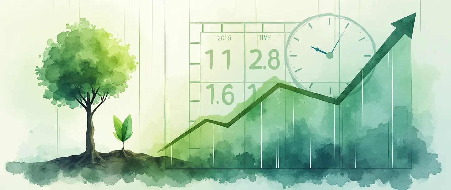 Uma pintura digital em aquarela de uma pequena muda crescendo até se tornar uma árvore alta, com linhas de gráfico ascendentes sobrepostas, mostrando progresso para cima. Um calendário e um relógio aparecem sutilmente no fundo, representando a passagem do tempo. Composição simples com tons de verde e azul, transmitindo o conceito de taxa de crescimento anual.
