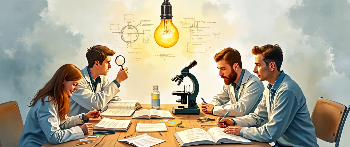 Uma pintura digital em aquarela de pesquisadores reunidos ao redor de uma mesa com livros abertos e uma lâmpada brilhante pairando acima. Algumas pessoas estão examinando documentos com lupas enquanto outras colaboram em um quadro branco com diagramas. Um microscópio está posicionado em um dos lados, representando a investigação científica. Composição simples com cores quentes e convidativas.
