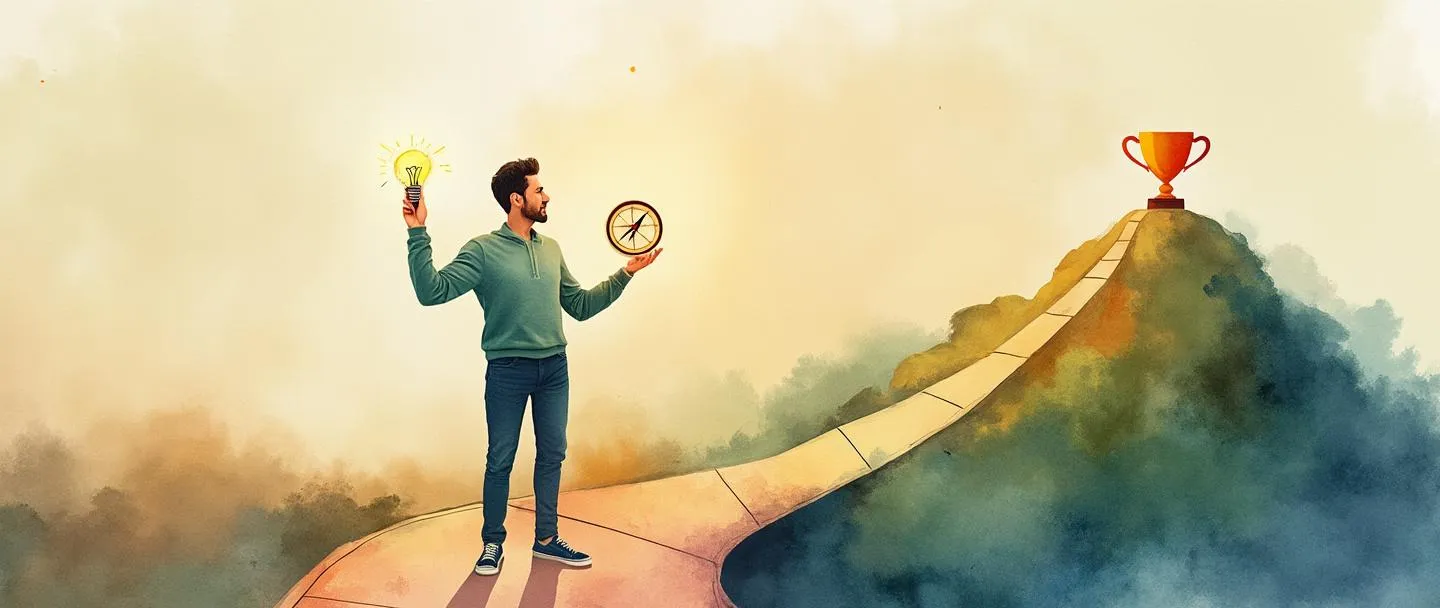Uma pintura digital em aquarela de uma pessoa em pé confiante em uma encruzilhada, segurando uma lâmpada em uma mão e uma bússola na outra. Atrás dela, uma pequena montanha com um caminho sinuoso levando a um troféu no topo. Composição simples com cores quentes e inspiradoras que transmitem determinação e visão.