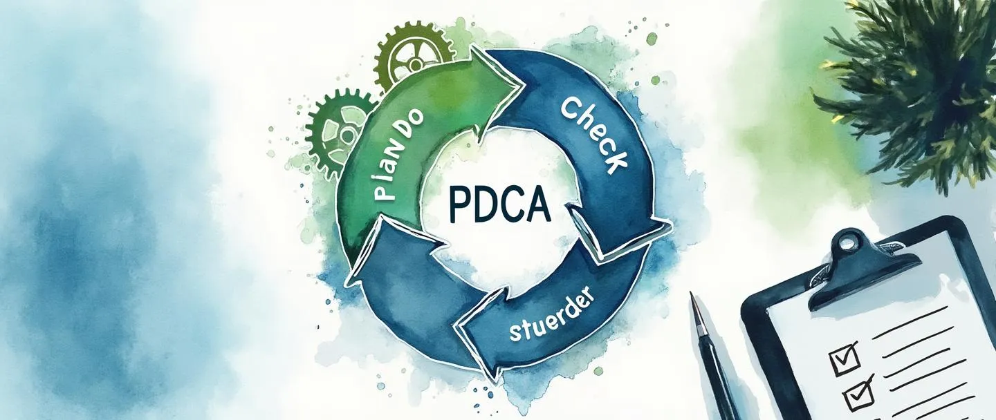 Uma pintura digital em aquarela de um diagrama circular com quatro seções conectadas rotuladas como Planejar, Fazer, Verificar, Agir (ciclo PDCA). Engrenagens giram ao redor do círculo, mostrando melhoria contínua. Uma prancheta com uma lista de verificação está ao lado. Composição simples com tons de azul e verde, transmitindo metodologia e organização.