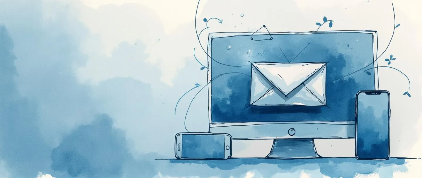 Uma pintura digital em aquarela de um envelope de e-mail profissional com um logotipo corporativo, flutuando entre um computador e um smartphone. Tons de azul e cinza predominam, com linhas sutis de conexão fluindo entre os dispositivos. Composição simples e limpa mostrando comunicação empresarial no espaço de trabalho digital.