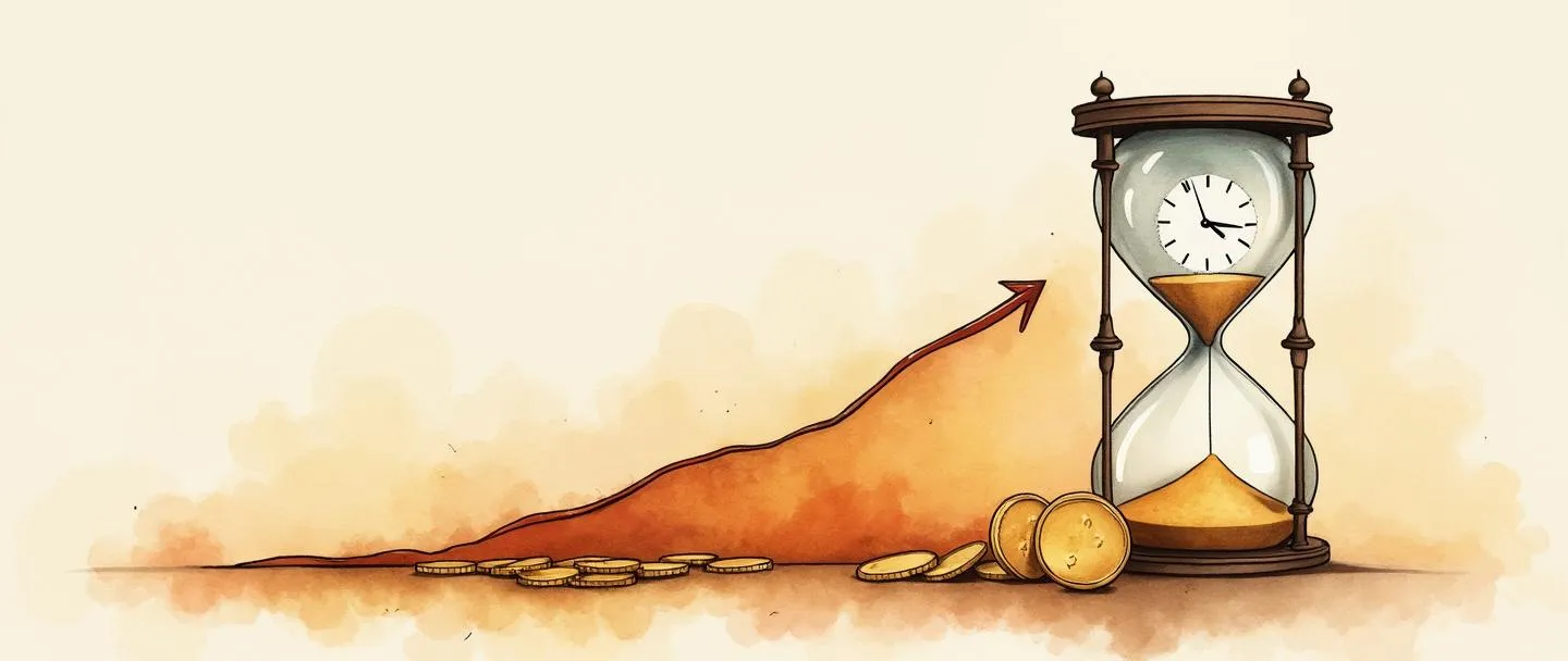 Uma pintura digital em aquarela de uma ampulheta se transformando em um relógio, com areia fluindo que cria uma linha de gráfico ascendente. Uma moeda dourada está no pico do gráfico. Composição simples com cores quentes, ilustrando o tempo se convertendo em valor.