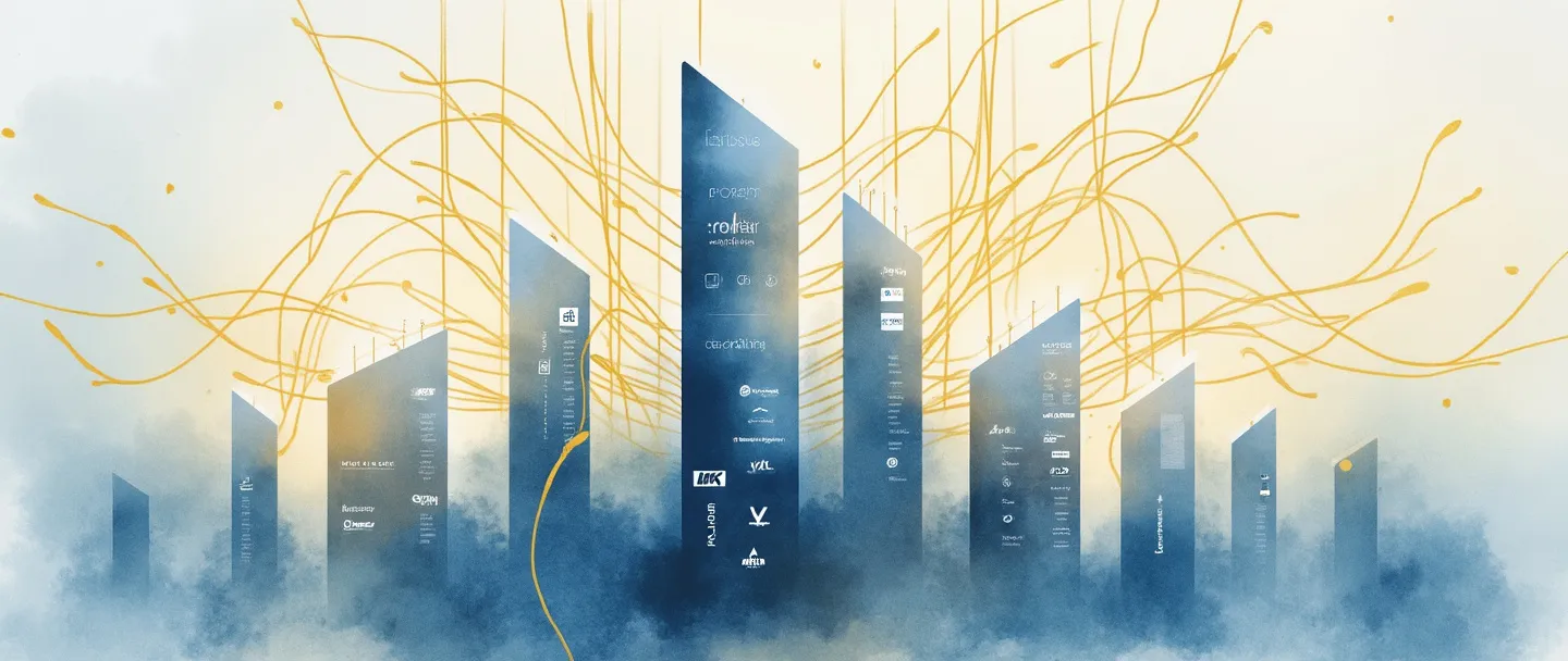 Uma pintura digital em aquarela de um arranha-céu principal conectado a edifícios satélites menores por fios dourados fluidos. O edifício principal segura um portfólio com vários logotipos de empresas dentro. Composição elegante e simples com tons suaves de azul e dourado, transmitindo estrutura corporativa e propriedade.