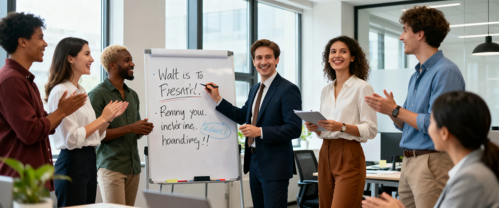 Frases motivacionais para vendas: 80 ideias para inspirar sua equipe diariamente Equipe de vendas diversificada em reunião motivacional ao redor de quadro branco com frases inspiradoras, fotografia editorial profissional em ambiente corporativo moderno com luz natural.