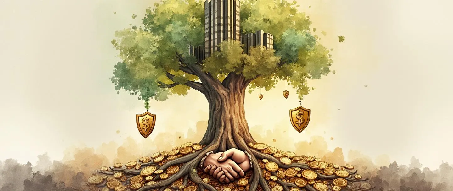 Uma pintura digital em aquarela de uma árvore robusta com raízes feitas de moedas e notas de dinheiro, seu tronco semelhante a um prédio de escritórios. Os galhos sustentam escudos dourados e pequenos cofres. Um aperto de mãos se forma na base, simbolizando parceria. Composição simples com tons terrosos quentes e toques de dourado, transmitindo estabilidade e crescimento.