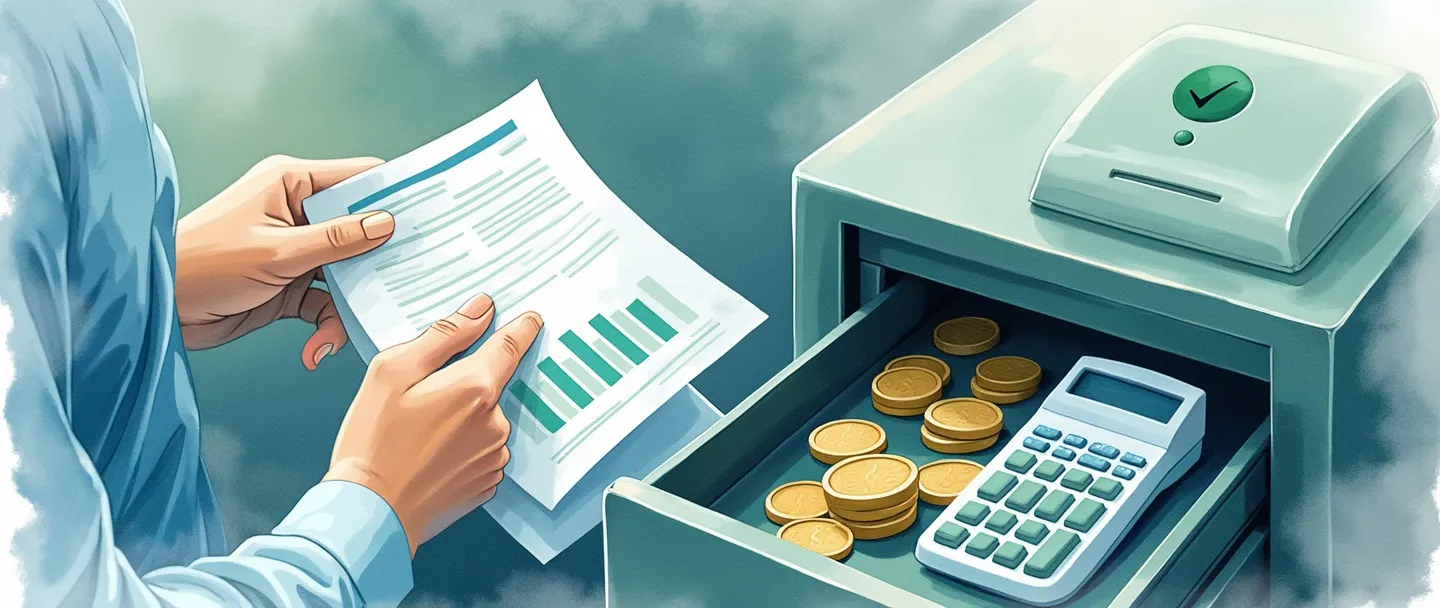 Uma pintura digital em aquarela de um contador fechando a gaveta de um caixa registradora enquanto segura um balancete concluído. Uma calculadora e moedas estão próximas, com um simples sinal de verificação pairando acima. Tons suaves de azul e verde criam uma sensação de conclusão e ordem financeira.