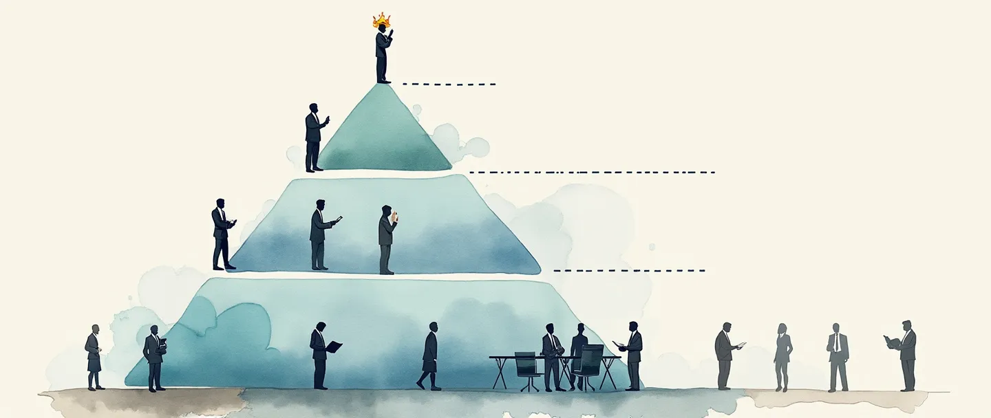Uma pintura digital em aquarela de uma pirâmide organizacional simples com três níveis, cada um povoado por pequenas figuras em trajes executivos. O nível superior mostra uma figura com uma coroa, o nível médio mostra três figuras com pranchetas, e o nível inferior mostra várias figuras trabalhando juntas. Linhas claras conectam cada nível, ilustrando a cadeia de comando. Paleta de cores limpa e profissional com tons suaves de azul e cinza.
