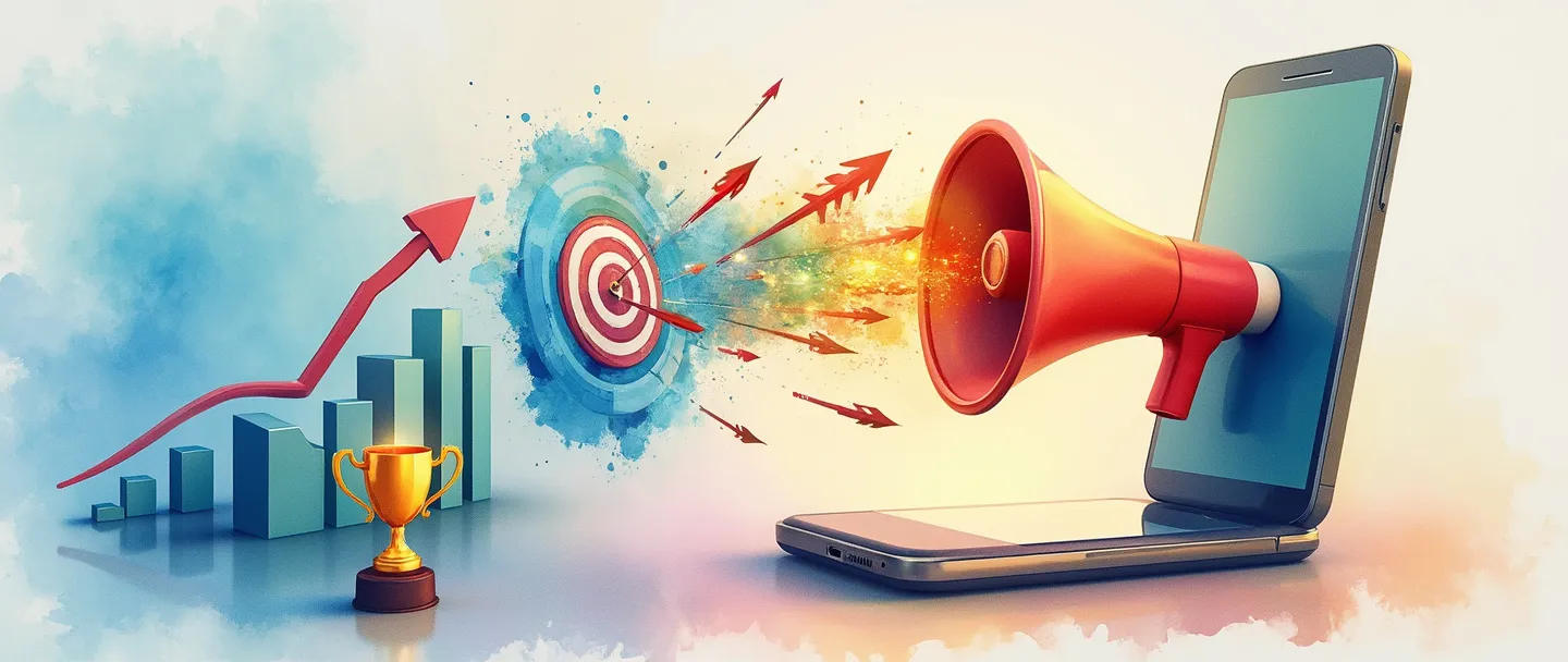 Uma pintura digital em aquarela de um smartphone exibindo um gráfico de barras em ascensão, com um megafone emitindo ondas coloridas que se transformam em alvos com flechas acertando o centro. Um pequeno troféu está ao lado do telefone, brilhando com luz dourada. Composição simples, cores vibrantes, transmitindo qualidade e sucesso em marketing digital.