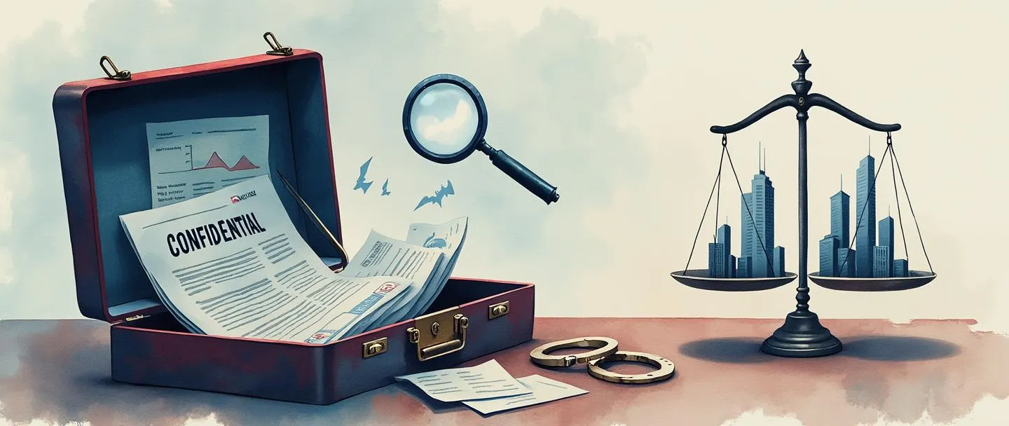 Uma pintura digital em aquarela de uma pasta executiva aberta revelando documentos financeiros com uma fechadura quebrada. Uma lupa paira sobre papéis marcados com "CONFIDENCIAL" enquanto algemas repousam próximas. Uma balança da justiça se inclina enquanto documentos fluem de um lado para edifícios corporativos do outro. Composição simples com tons suaves de azul e vermelho.