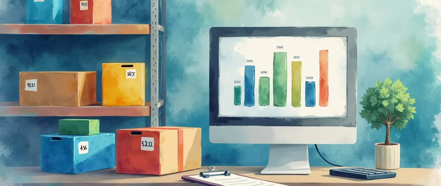 Uma pintura digital em aquarela de uma prateleira de armazém contendo caixas coloridas com etiquetas de preço, ao lado de uma tela de computador exibindo um gráfico de barras simples. Uma calculadora e uma prancheta com números de inventário estão próximas. Tons suaves de azul e verde criam uma atmosfera limpa e organizada, representando a gestão de valor de estoque.