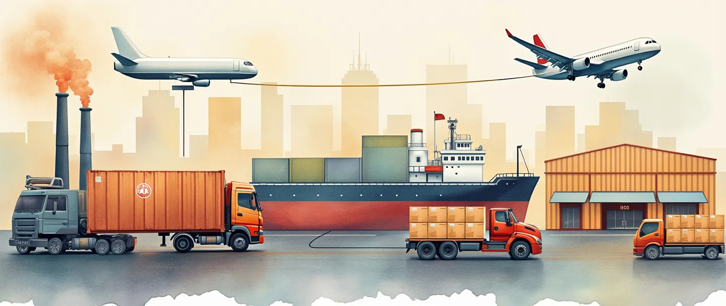 Uma pintura digital em aquarela de caminhões, navios e aviões transportando produtos de uma fábrica para vários edifícios. Caixas e pacotes fluem ao longo de um caminho simplificado da cadeia de suprimentos, conectando armazéns a lojas. Linhas limpas, tema de logística, com cores quentes mostrando o processo de distribuição física.