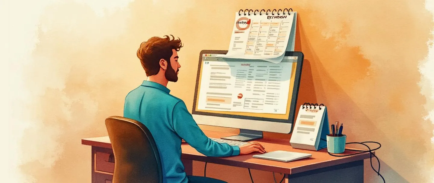 Uma pintura digital em aquarela de uma pessoa trabalhando em uma mesa de computador em casa, com metade da mesa se transformando em um espaço de trabalho de escritório. Um calendário mostra alguns dias marcados como "casa" e outros como "escritório". Composição simples com cores quentes, mostrando o equilíbrio entre o trabalho remoto e presencial.